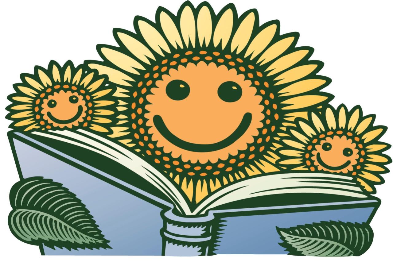smiling yellow sunflower reading a book with leaf hands