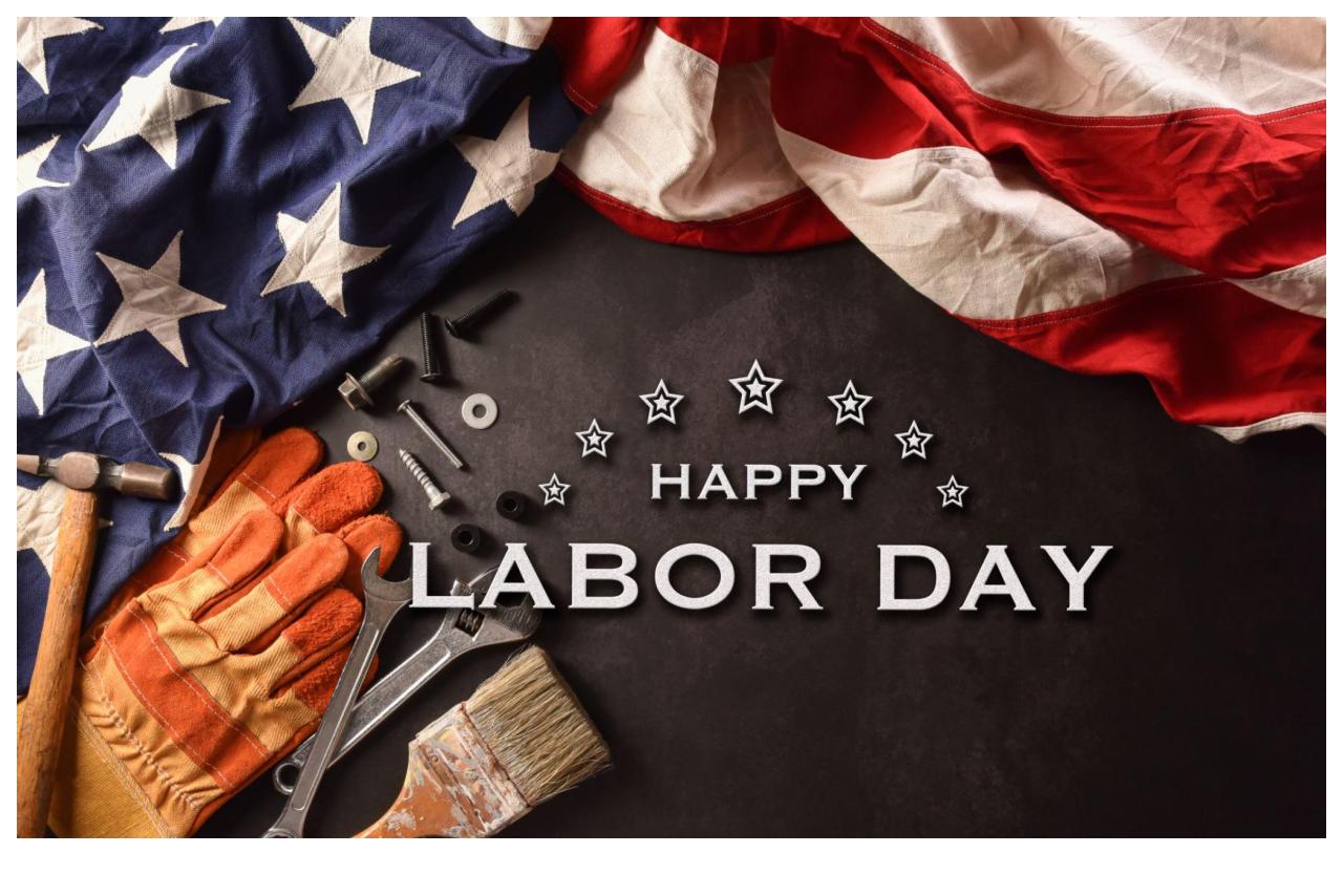 labor day sign with American flag and work gloves