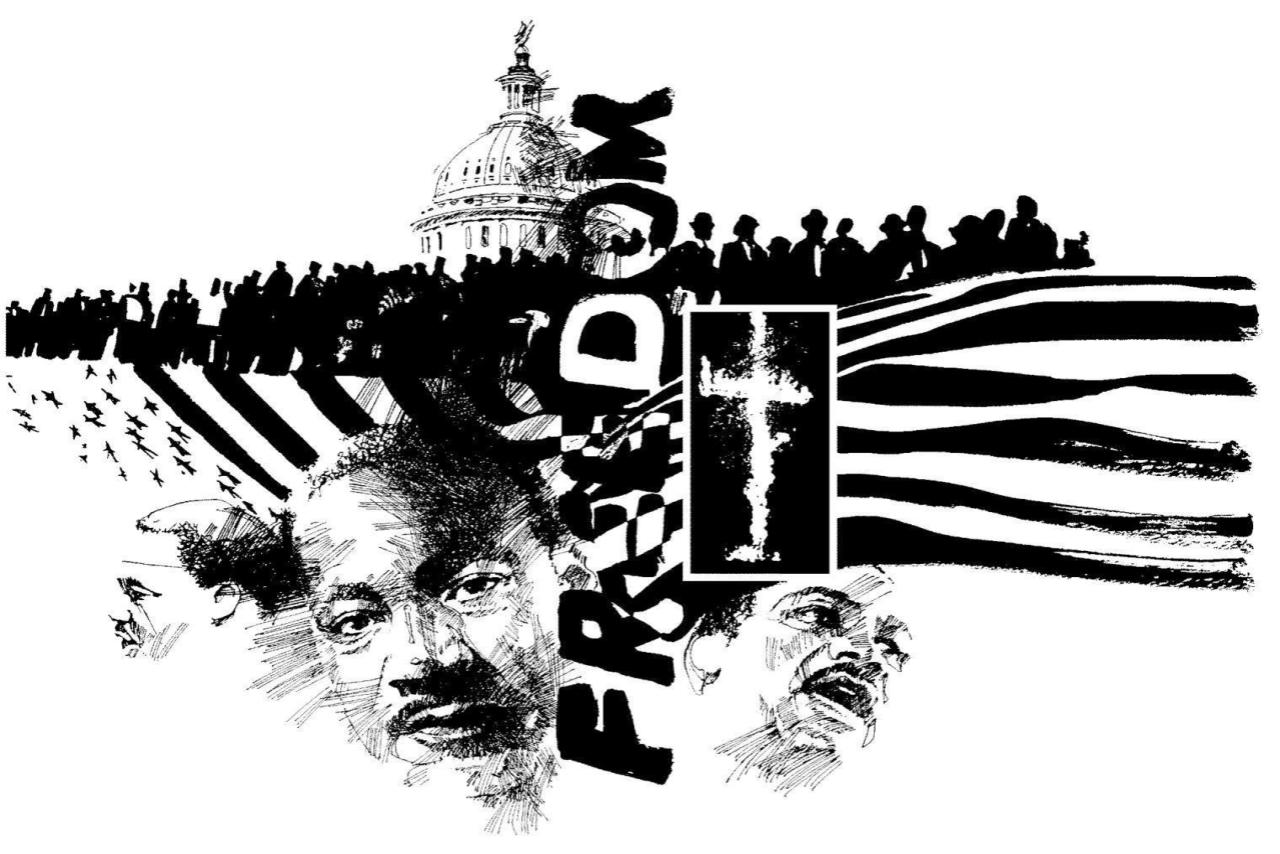 black and white silhouette style with martin luther king, jr in front of an american flag