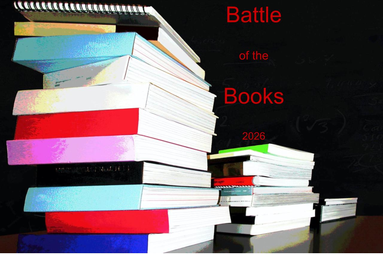 stack of rainbow colored books on black background with red lettering that says Battle of the Books 2026