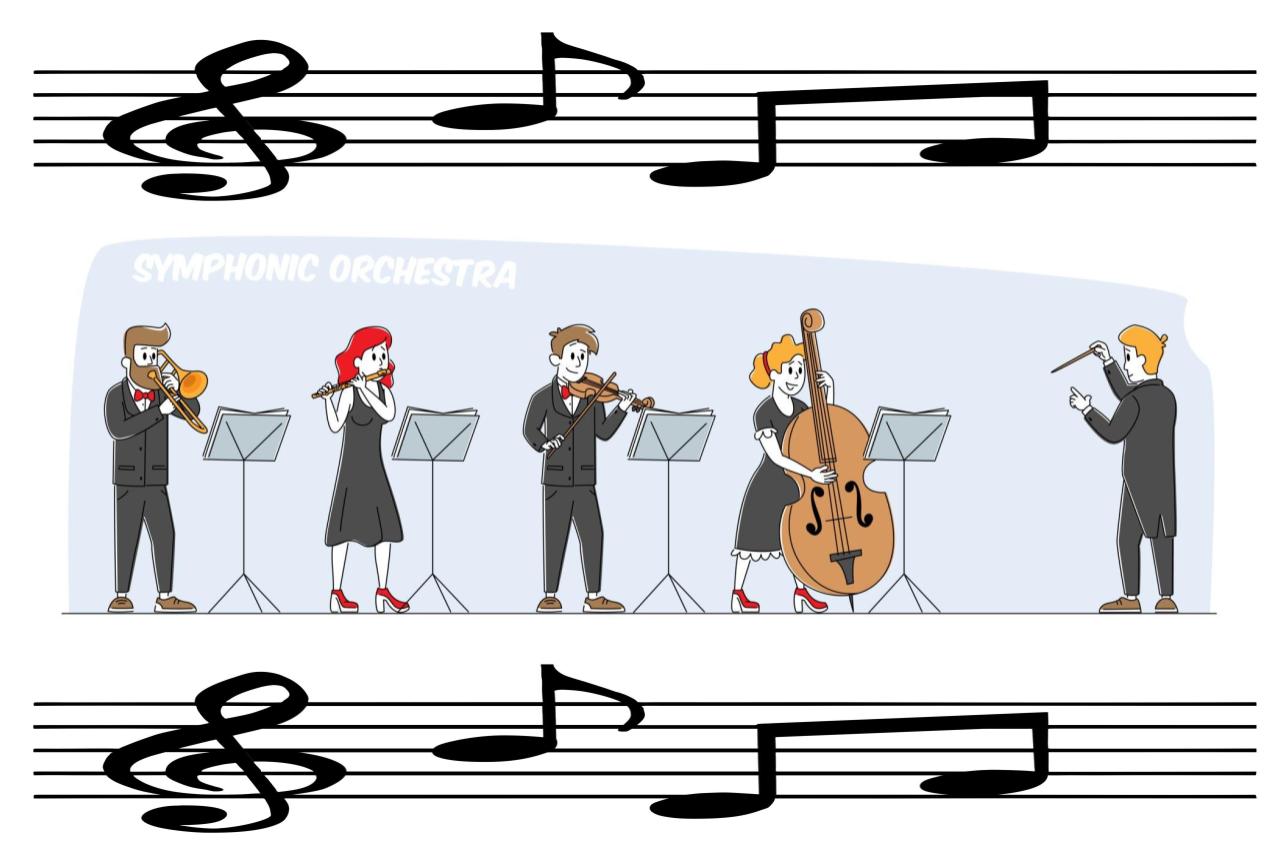 musical notes border with image of symphony players in the middle holding various instruments with sheet music in front of them