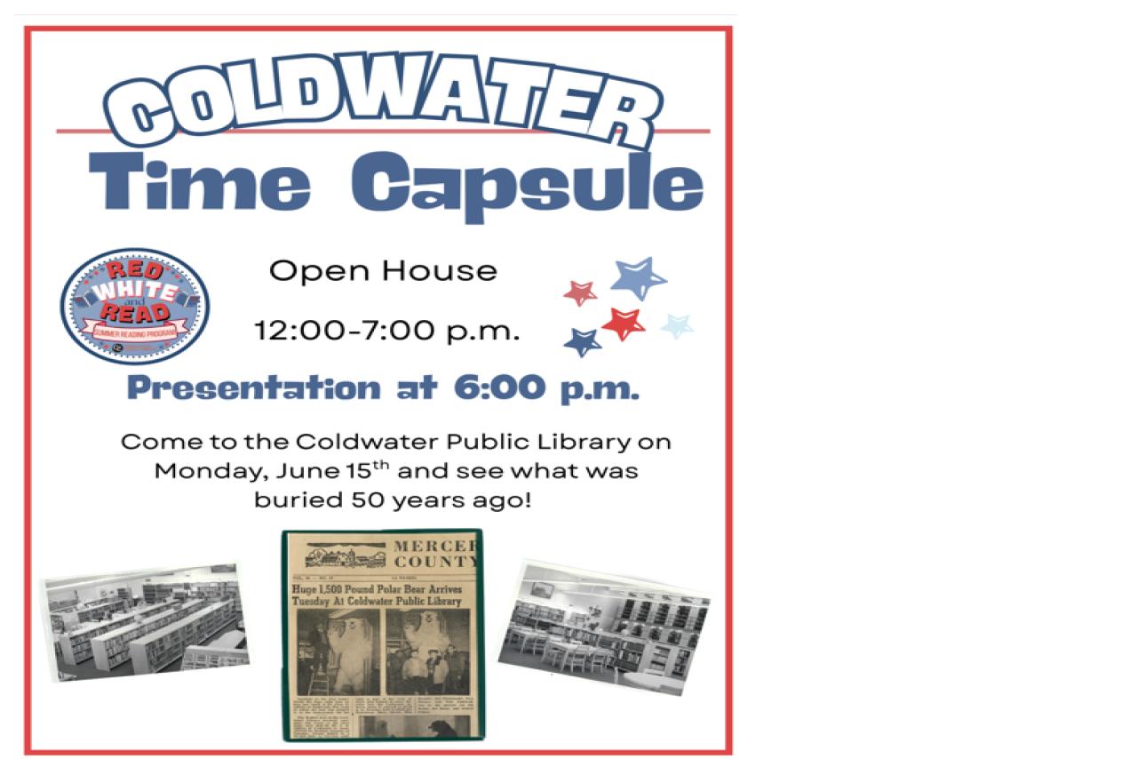red white and blue flyer with details of time capsule opening. 