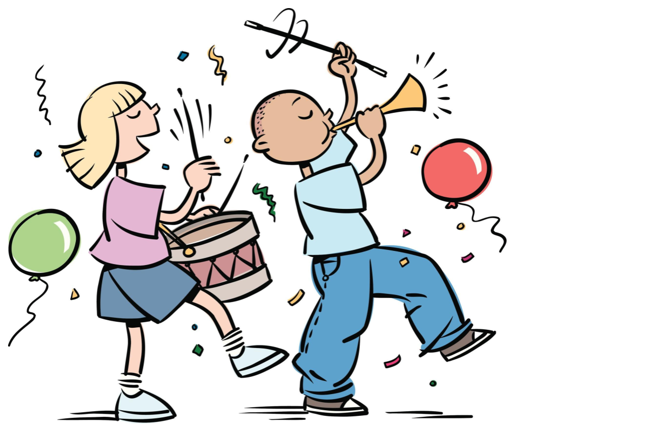 cartoon kids playing drums with balloons and confetti surrounding them