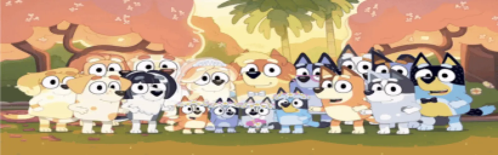 picture of characters from the cartoon Bluey. They are animated dogs posing for a wedding photo