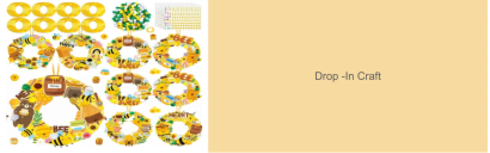 craft materials for honey themed wreath with yellow square and gray font depicting drop-in craft