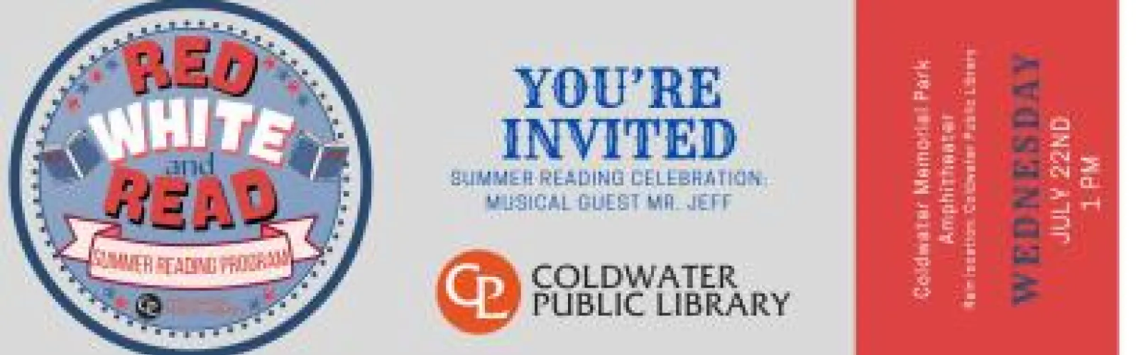 gray and red flyer with summer reading logo details of event 