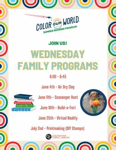 rainbow border flyer with books and paintbrush and schedule of family night