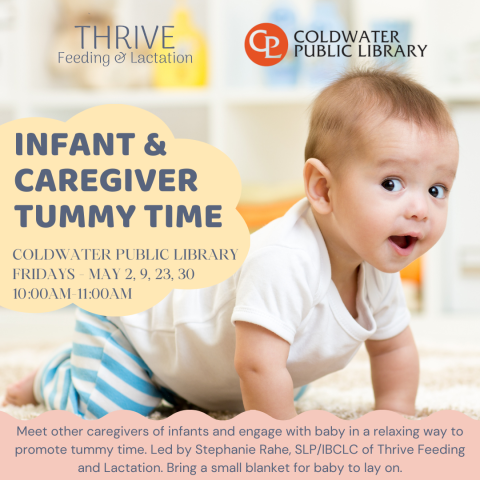 Baby Crawling with Information of class times written in yellow bubble shape. 