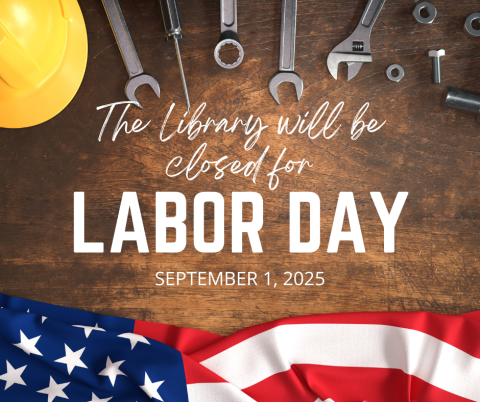 brown background with American flag, tools, and construction hat. White text reading Labor Day 9-1-2025