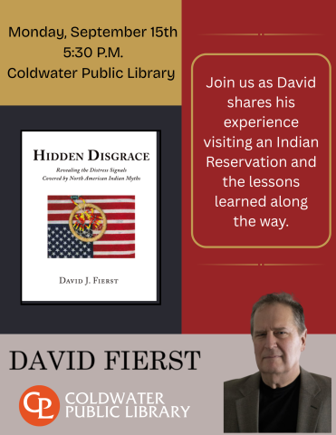 Black, gold, and red background with photo of author David Fierst. White text reading out the information of event