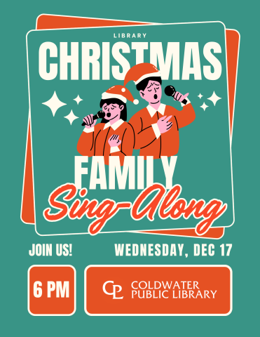 green background with white and red lettering two people singing in santa hats 