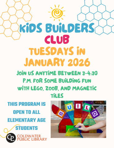 cream background with blue and yellow writing. Picture of megantic tiles with description of event typed in blue font.