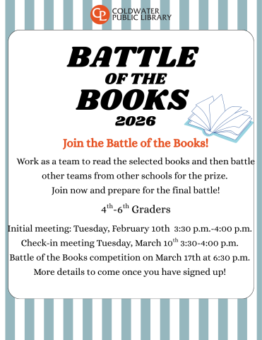 blue and white striped background with details of the Battle of the Books 2026 dates and times. 