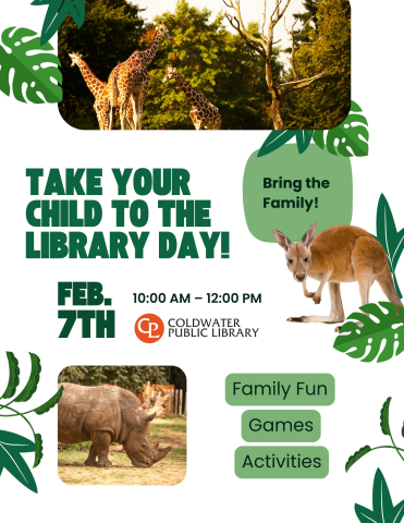 white background with green font. Flyer has description of time of event with zoo animals in picture, i.e. griaffes, kangaroo, and a rhino.