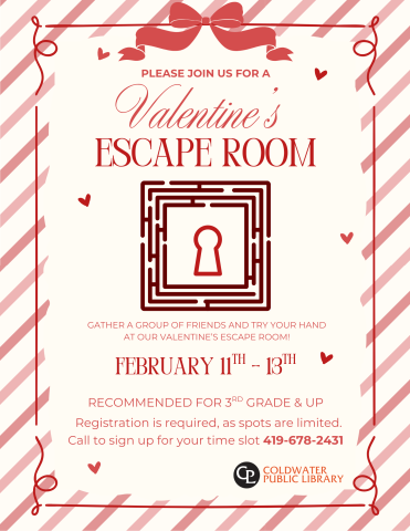 cream background with red lettering. red ribbon on top of page with flyer detailing times of the planned escape room. Picture of lock in middle of page.