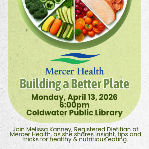 green background with plate of food (vegetables, and meat) Mercer Health logo and information on event