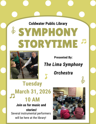 green and white polka dot background with photo of symphony performers. Details of event date and time.