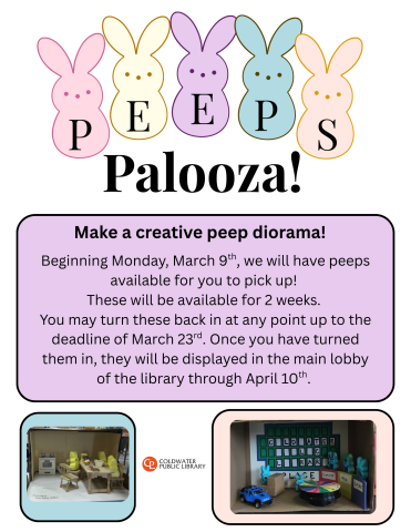 pastel colored peeps with instructions for peeps project as detailed in post. two pictures of past peeps projects 