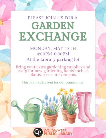 floral background with information regarding event in green and pink font. Image of green watering can, potted plants, and pink rain boots.