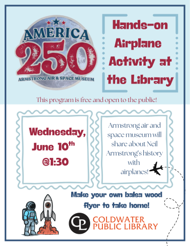 blue and white flyer with armstrong museum logo describing event. rocket  ship with astronaut