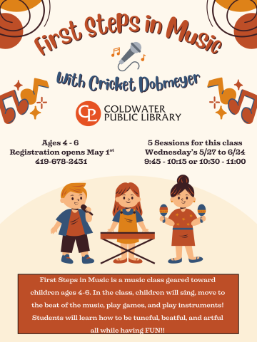 children playing maracas, piano, and microphone with orange and yellow musical notes. information for event on flyer in black font.