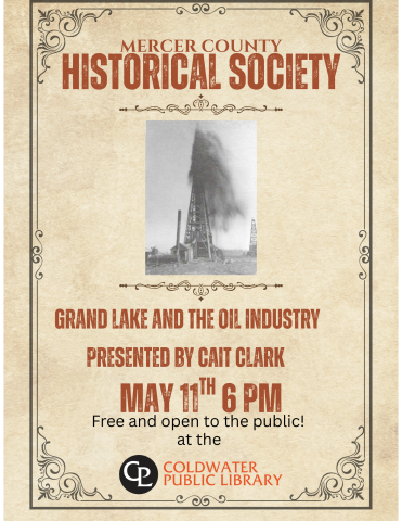 yellowed background with script border. red font detailing events of historical society oil drilling 