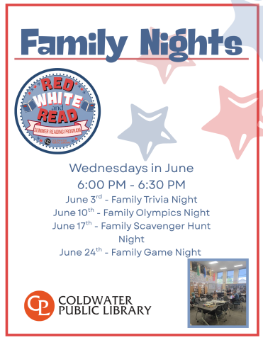 Red and blue stars with schedule of events in blue writing. picture of families crafting on previous family night