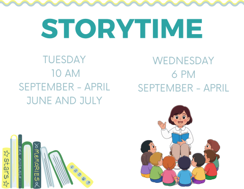 blue and green border with description of story time dates. animation of woman reading to children sitting in a circle