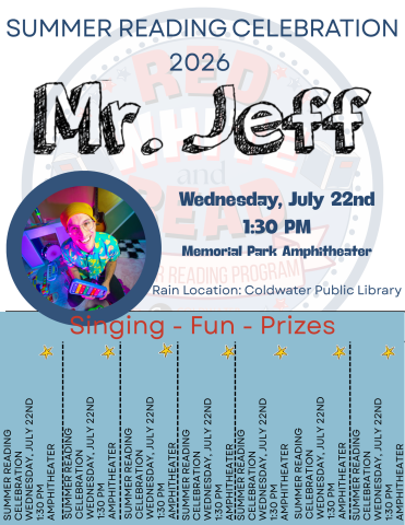 blue and red background with details of summer reading celebration