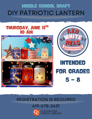 blue and white background with picture of patriotic lantern craft, details of event time
