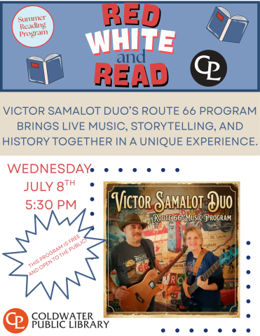 details of event with summer reading logo. photo in flyer of the musical duo