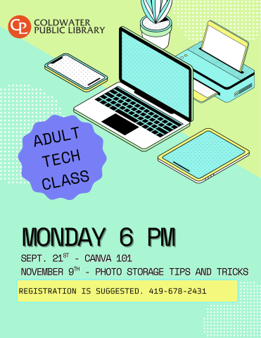 green background with computer and prints, description of adult tech classes being provided