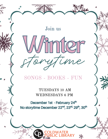 purple and teal snowflakes with details of winter storytime dates