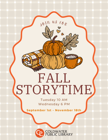 beige plaid background with orange frame, image of blanket, pumpkins, and coffee mug, dates of storytime