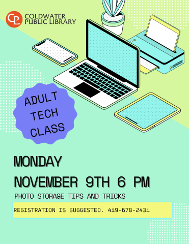 blue and green background with tech devices in corner. details of event highlighted in yellow