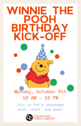 Winnie the Pooh in a party hat with his name in red letters details of party 