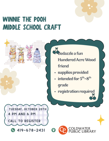 green and cream background with winnie the pooh, piglet, tigger, and eeyore. details of event and registration