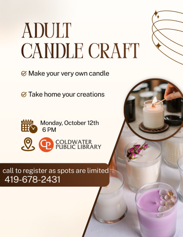 lavender and white candles with details of event in brown font 